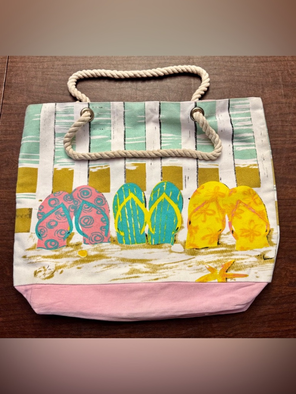 Colorful Beach Tote with Rope Handles - Pink, Teal, Yellow NWOT